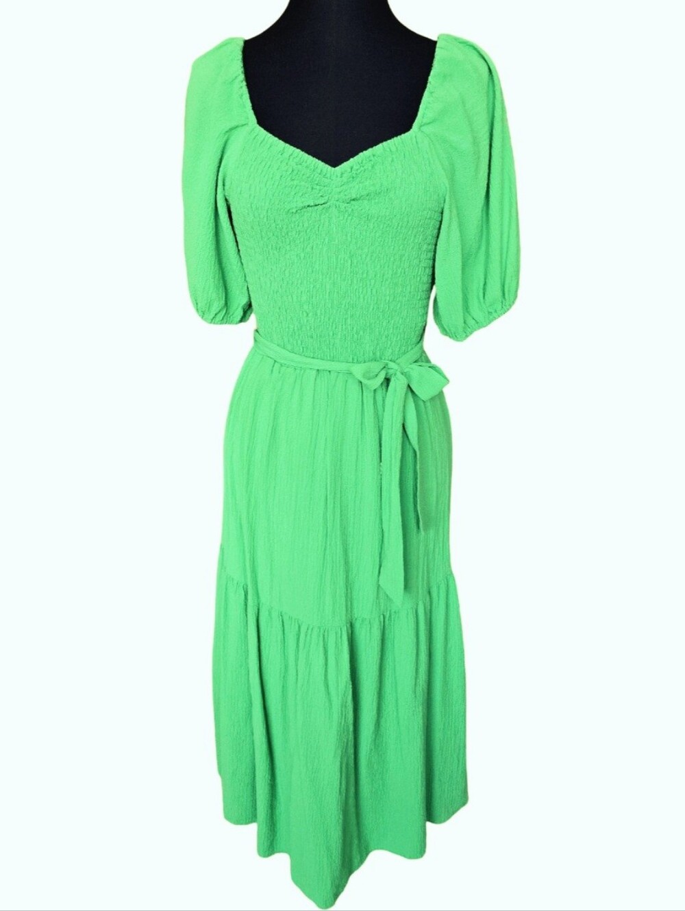 DKNY Bright Green V‑Neck Midi Dress with Waist Tie Size 4 Wedding Party Work